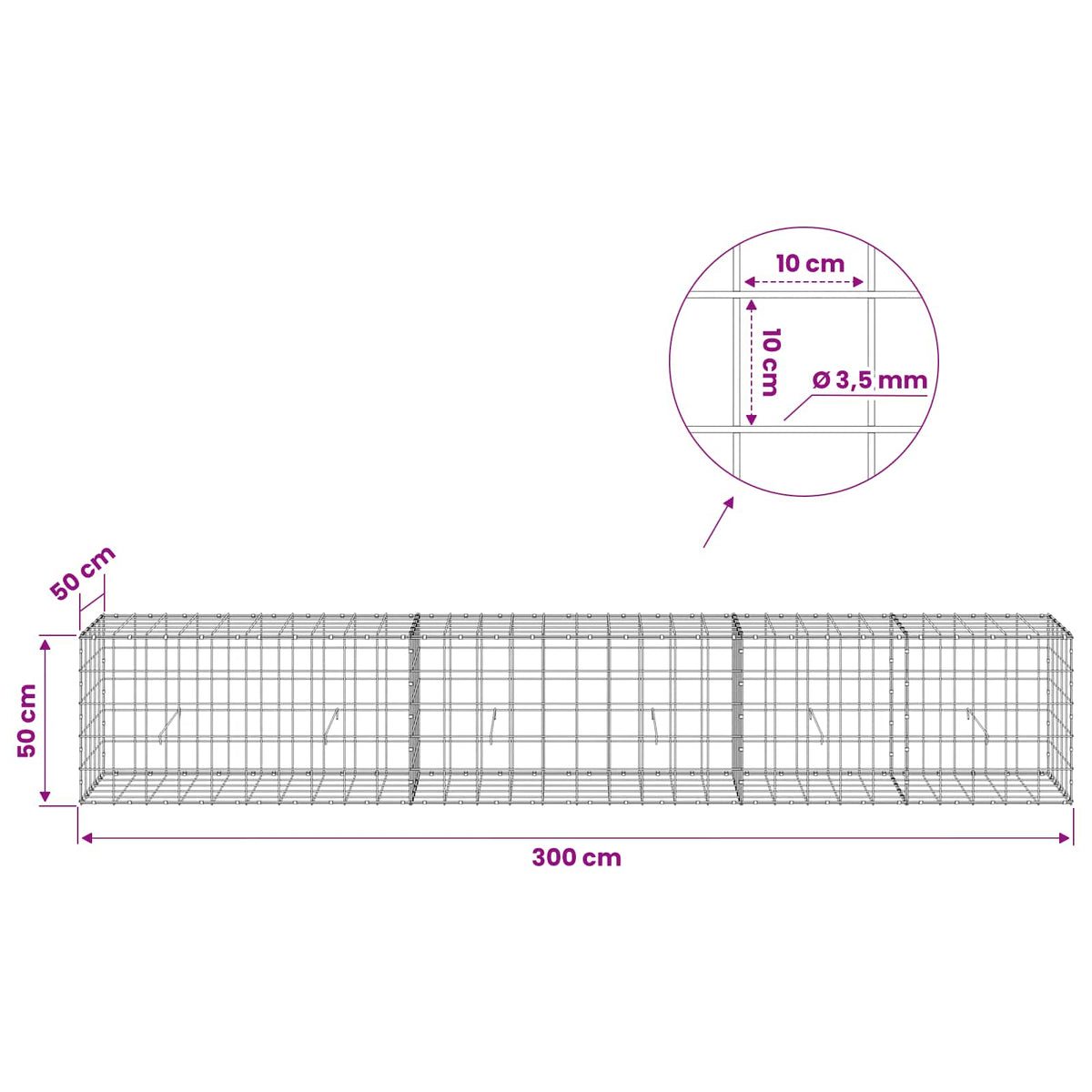 vidaXL Gabion z drutu 3,5 mm i siatką 10x10 cm 300x50x50 cm