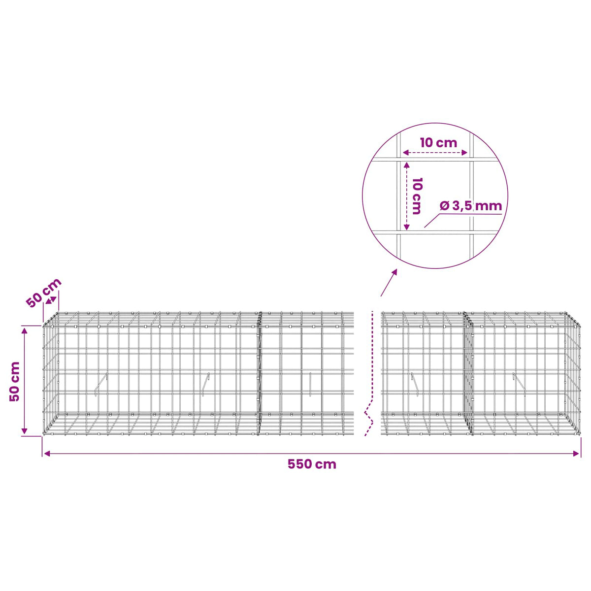 vidaXL Gabion z drutu 3,5 mm i siatką 10x10 cm 550x50x50 cm