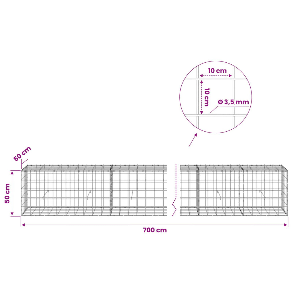 vidaXL Gabion z drutu 3,5 mm i siatką 10x10 cm 700x50x50 cm