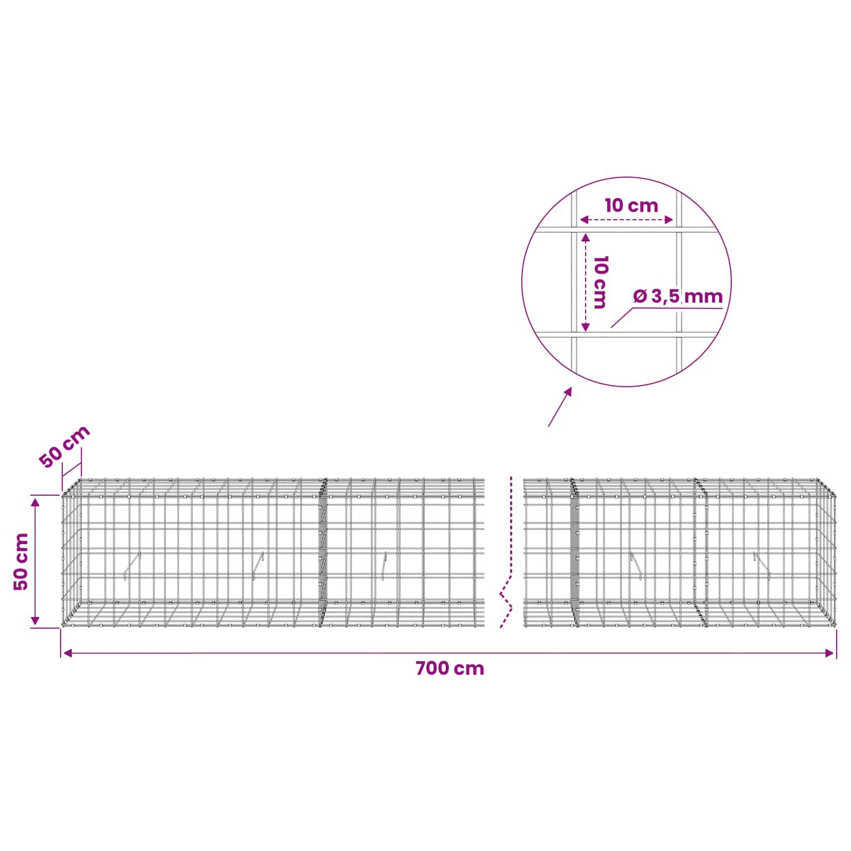 vidaXL Gabion z drutu 3,5 mm i siatką 10x10 cm 700x50x50 cm