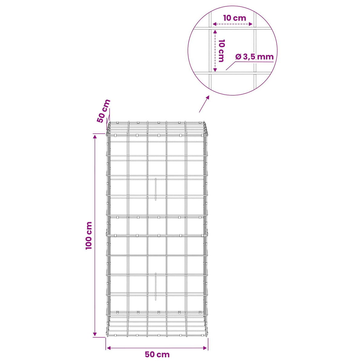 vidaXL Gabion z drutu 3,5 mm i siatką 10x10 cm 50x50x100 cm