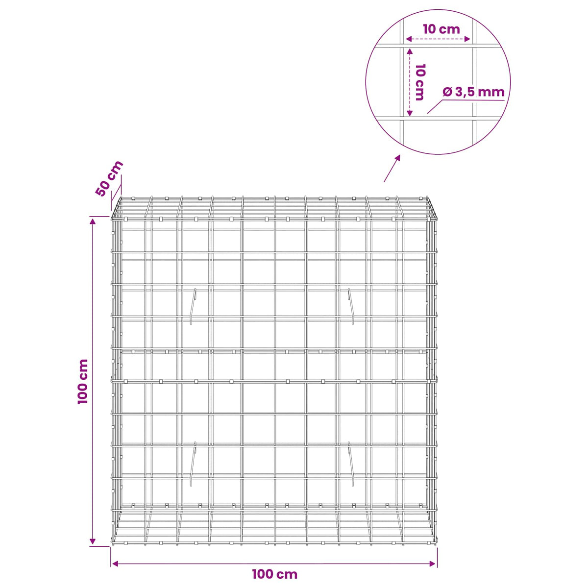 vidaXL Gabion z drutu 3,5 mm i siatką 10x10 cm 100x50x100 cm