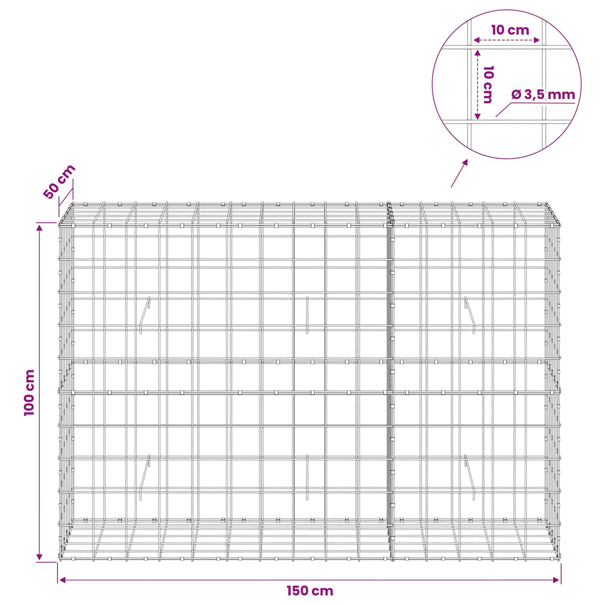 vidaXL Gabion z drutu 3,5 mm i siatką 10x10 cm 150x50x100 cm