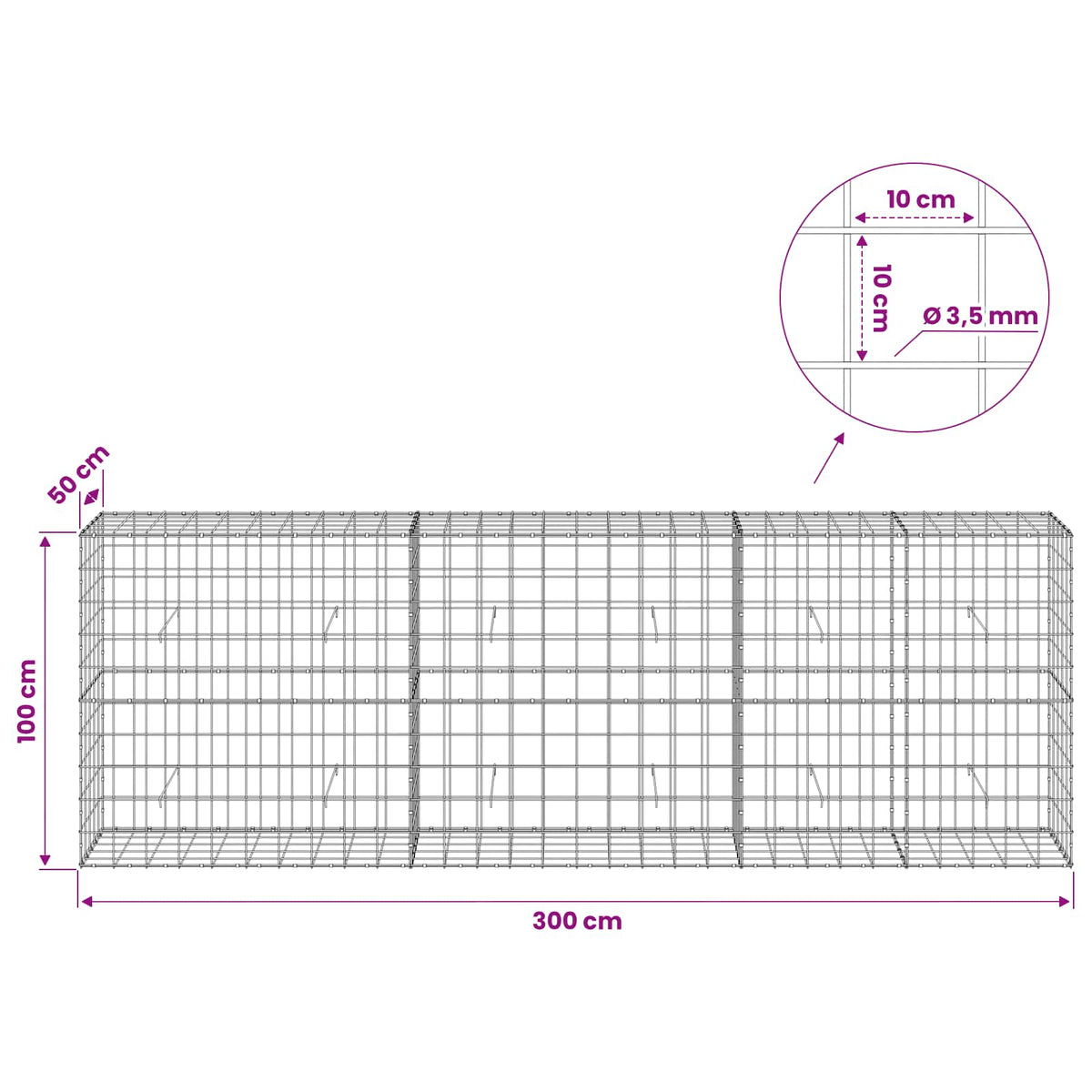 vidaXL Gabion z drutu 3,5 mm i siatką 10x10 cm 300x50x100 cm