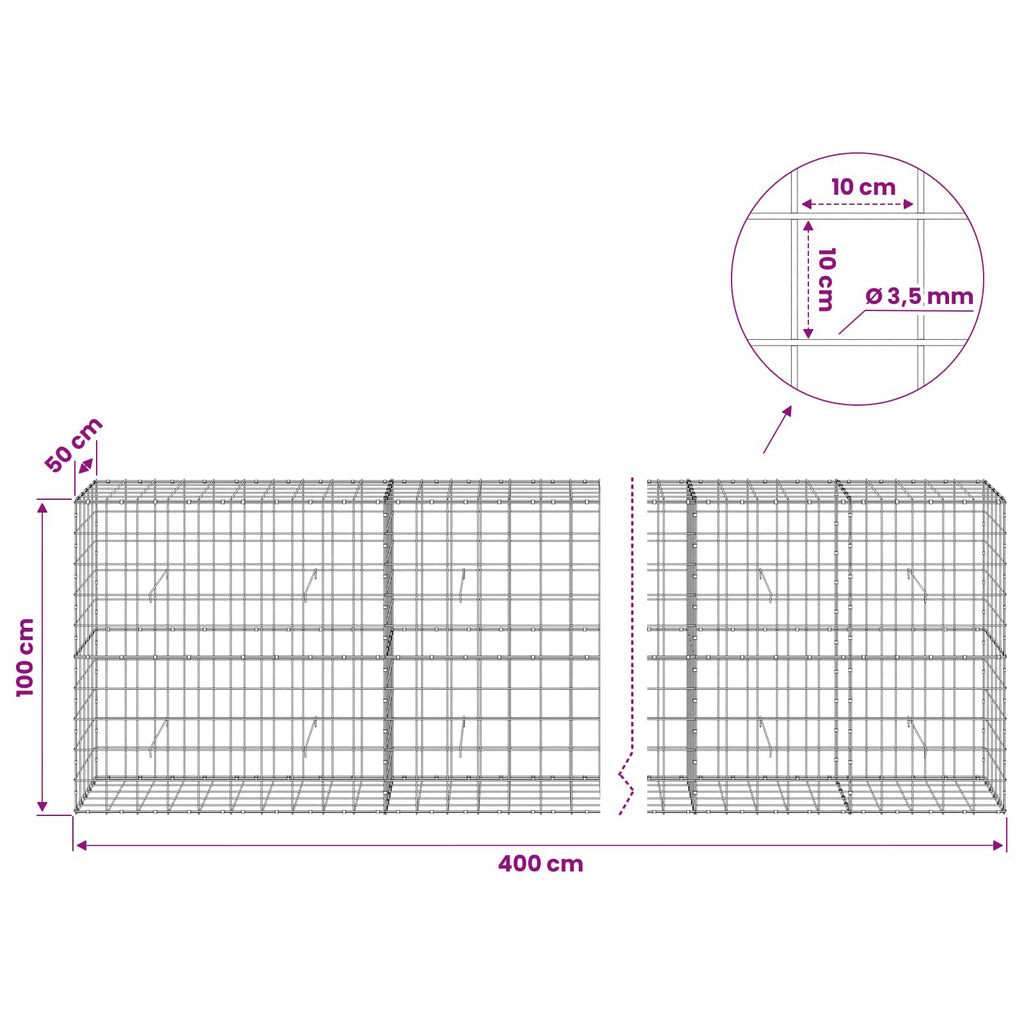 vidaXL Gabion z drutu 3,5 mm i siatką 10x10 cm 400x50x100 cm