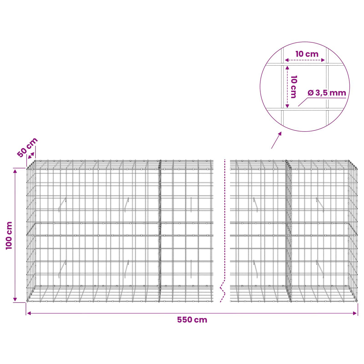 vidaXL Gabion z drutu 3,5 mm i siatką 10x10 cm 550x50x100 cm