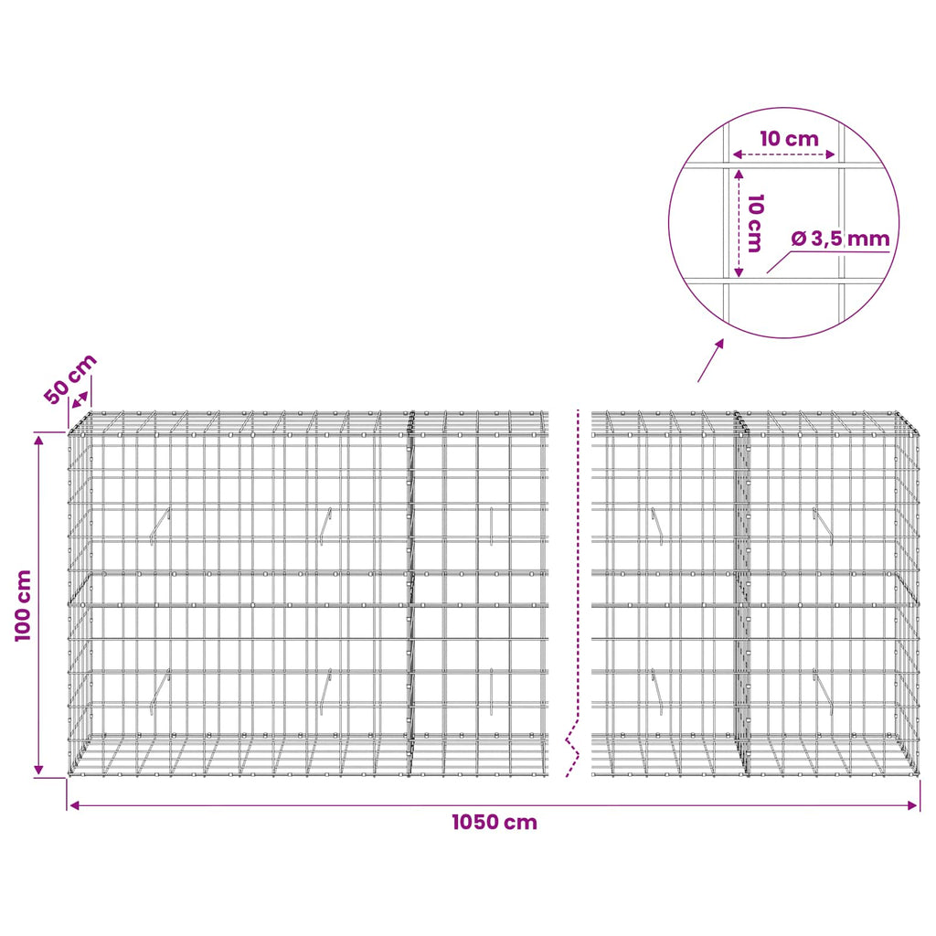 vidaXL Gabion z drutu 3,5 mm i siatką 10x10 cm 1050x50x100 cm
