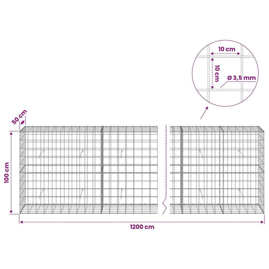 vidaXL Gabion z drutu 3,5 mm i siatką 10x10 cm 1200x50x100 cm