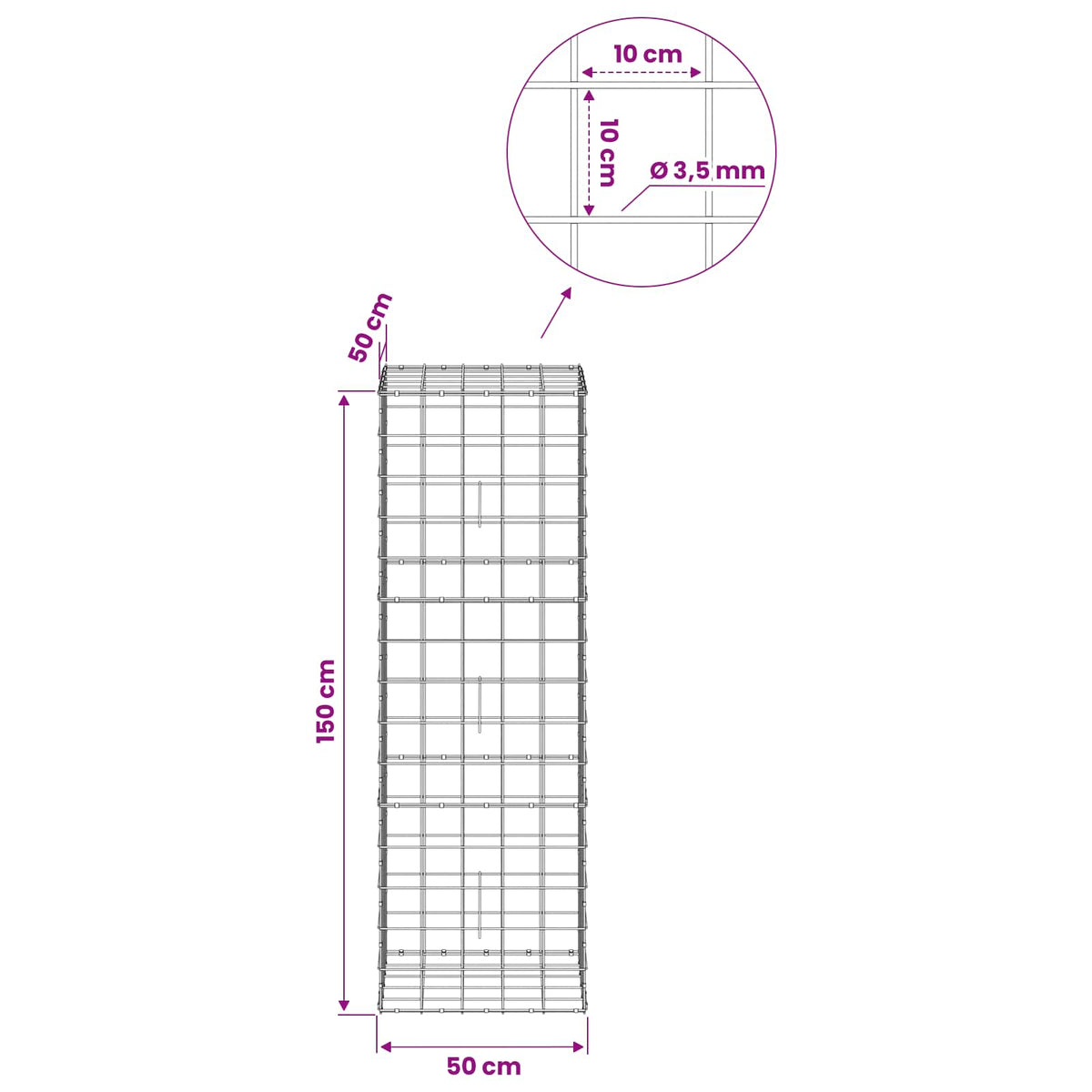 vidaXL Gabion z drutu 3,5 mm i siatką 10x10 cm 50x50x150 cm