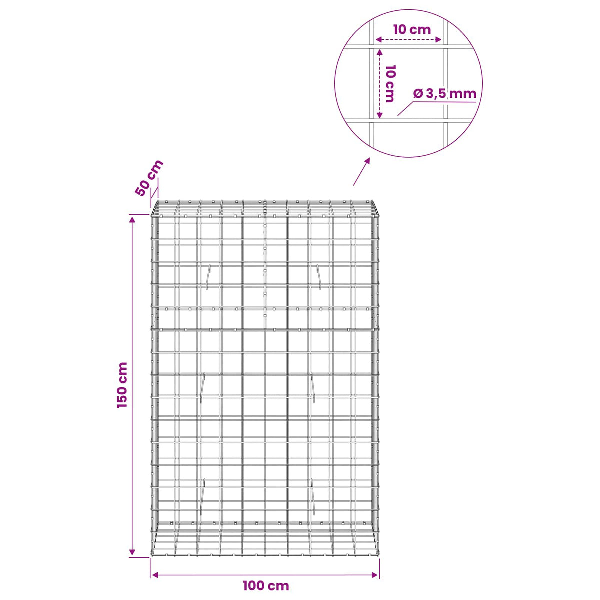 vidaXL Gabion z drutu 3,5 mm i siatką 10x10 cm 100x50x150 cm