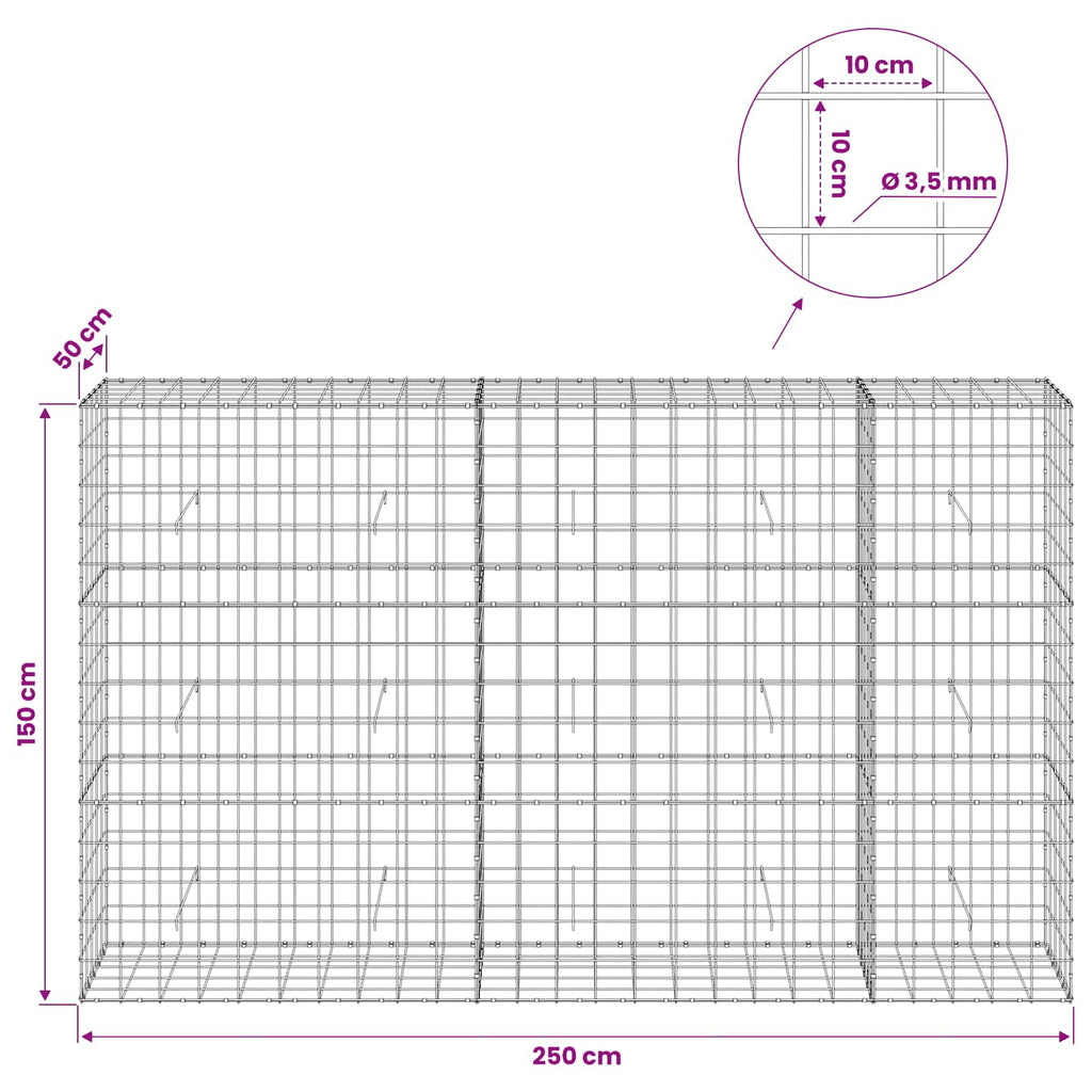 vidaXL Gabion z drutu 3,5 mm i siatką 10x10 cm 250x50x150 cm