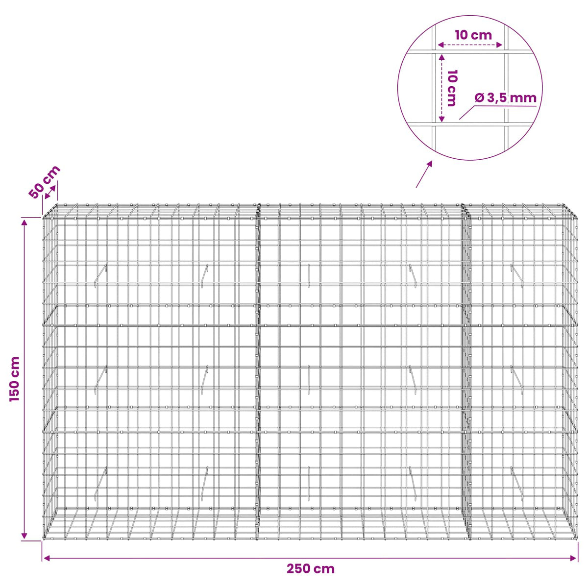 vidaXL Gabion z drutu 3,5 mm i siatką 10x10 cm 250x50x150 cm