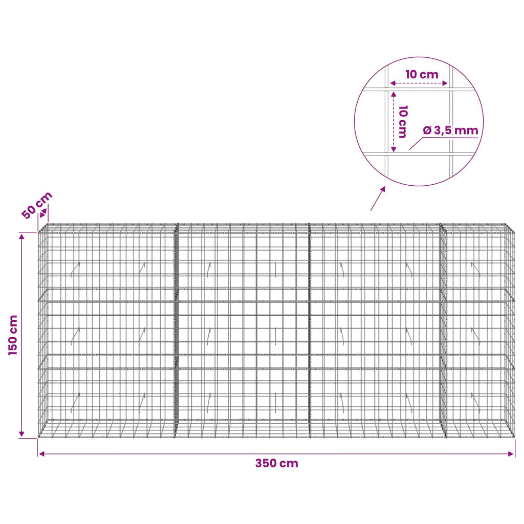 vidaXL Gabion z drutu 3,5 mm i siatką 10x10 cm 350x50x150 cm