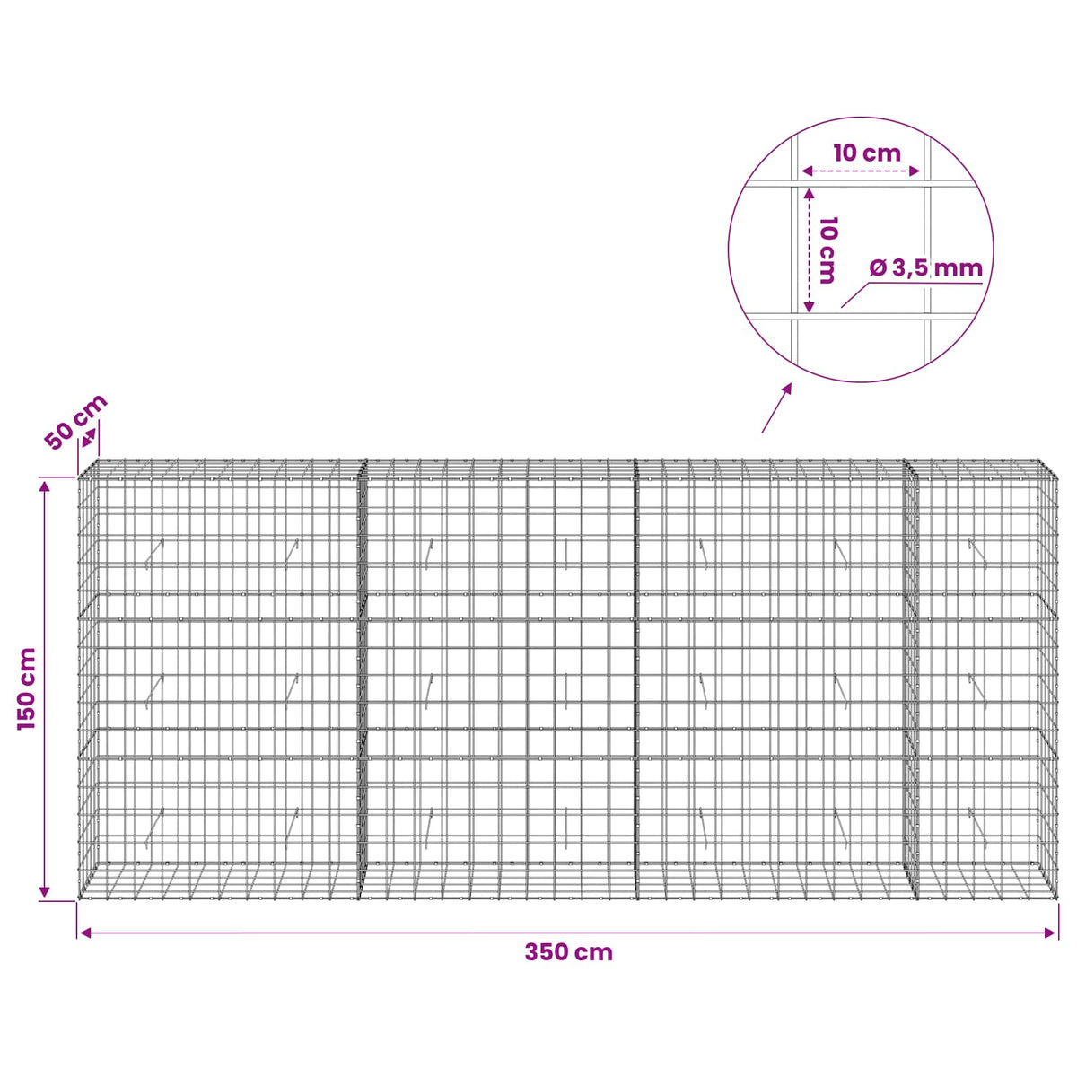 vidaXL Gabion z drutu 3,5 mm i siatką 10x10 cm 350x50x150 cm