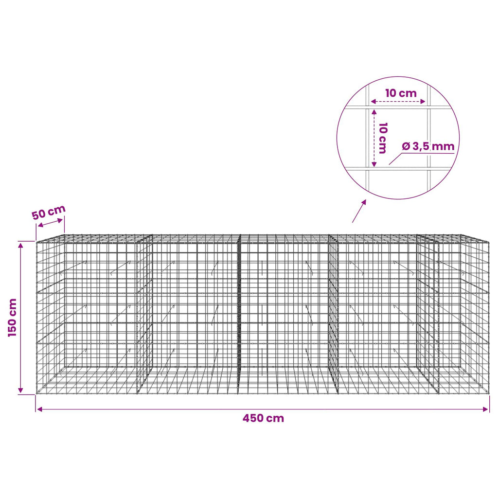 vidaXL Gabion z drutu 3,5 mm i siatką 10x10 cm 450x50x150 cm