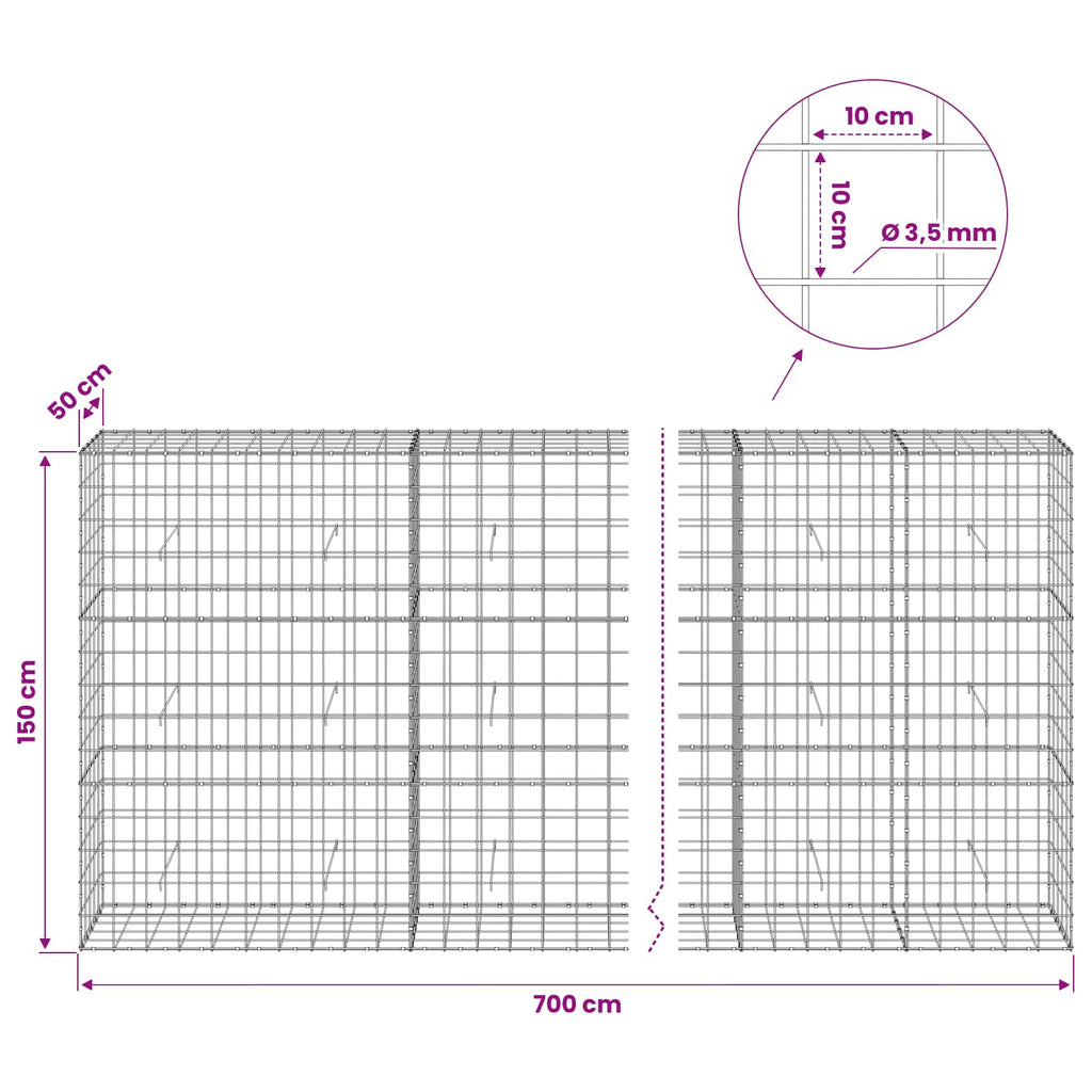 vidaXL Gabion z drutu 3,5 mm i siatką 10x10 cm 700x50x150 cm