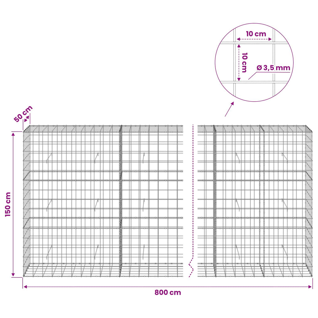vidaXL Gabion z drutu 3,5 mm i siatką 10x10 cm 800x50x150 cm