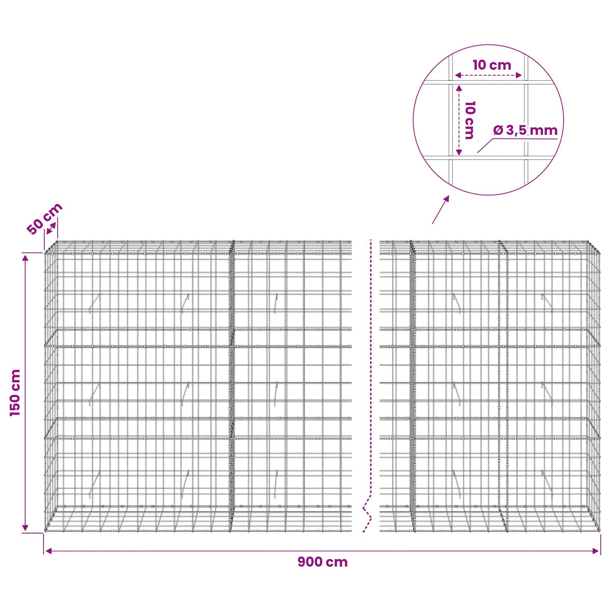 vidaXL Gabion z drutu 3,5 mm i siatką 10x10 cm 900x50x150 cm