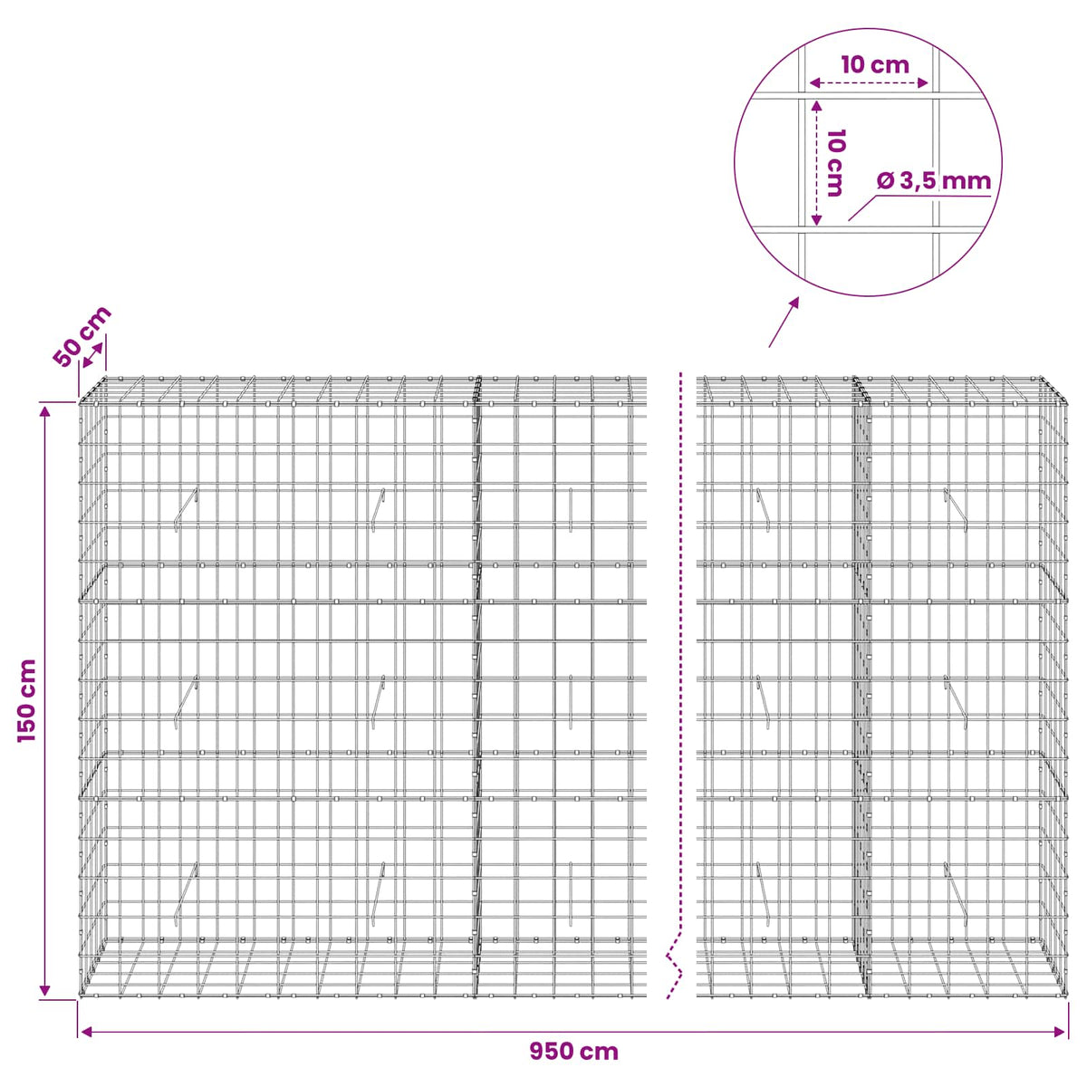 vidaXL Gabion z drutu 3,5 mm i siatką 10x10 cm 950x50x150 cm