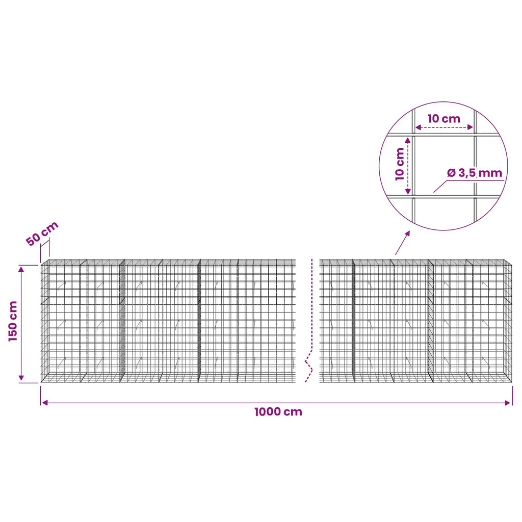 vidaXL Gabion z drutu 3,5 mm i siatką 10x10 cm 1000x50x150 cm