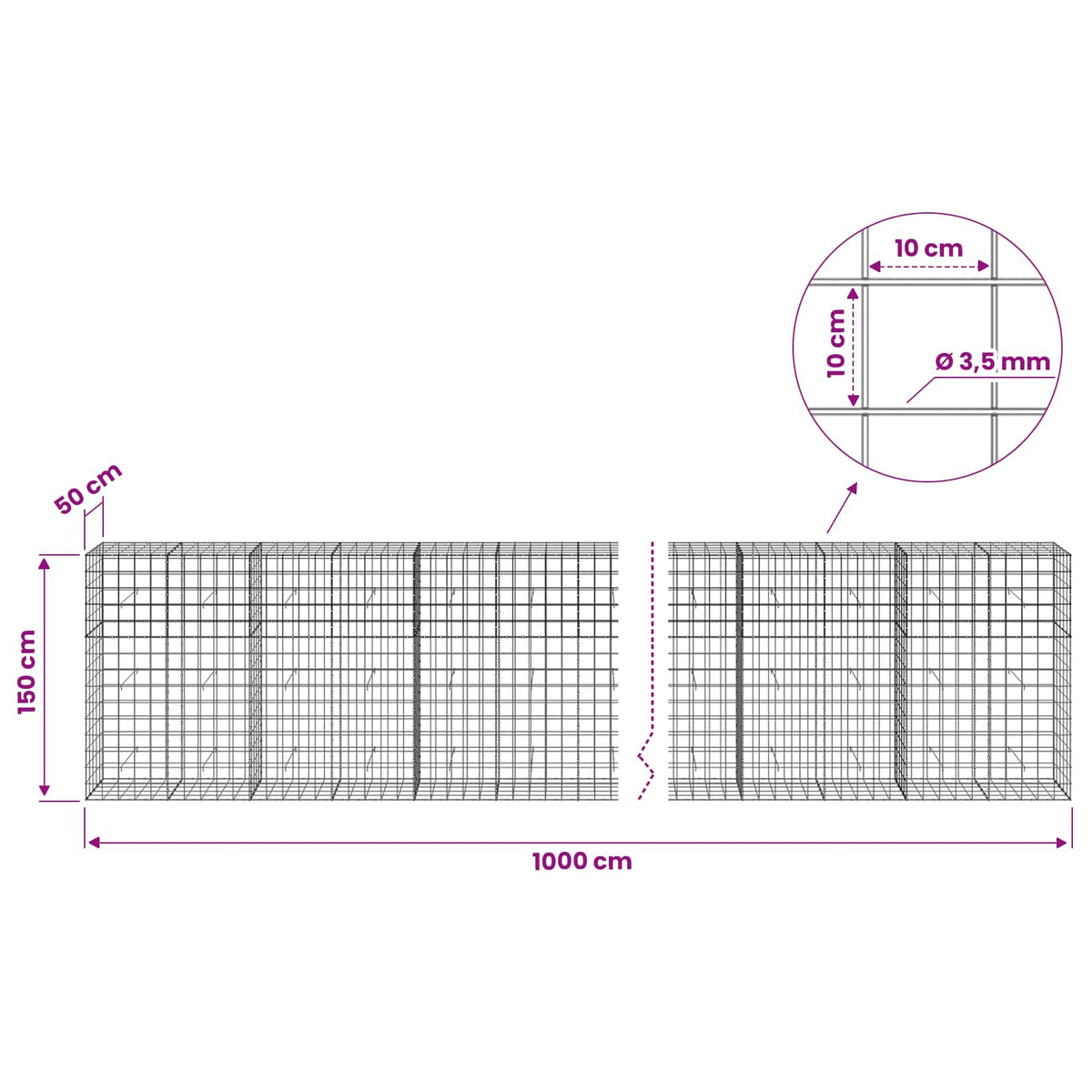 vidaXL Gabion z drutu 3,5 mm i siatką 10x10 cm 1000x50x150 cm