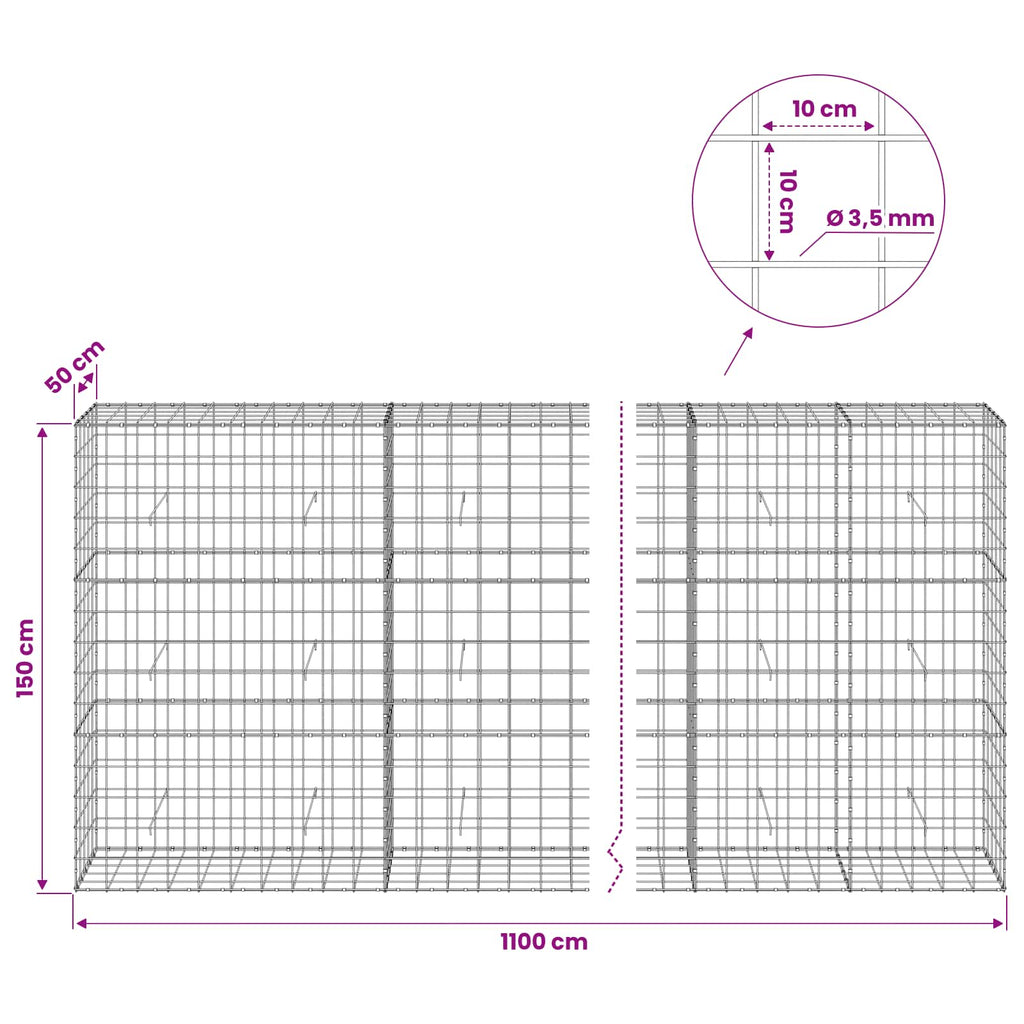 vidaXL Gabion z drutu 3,5 mm i siatką 10x10 cm 1100x50x150 cm