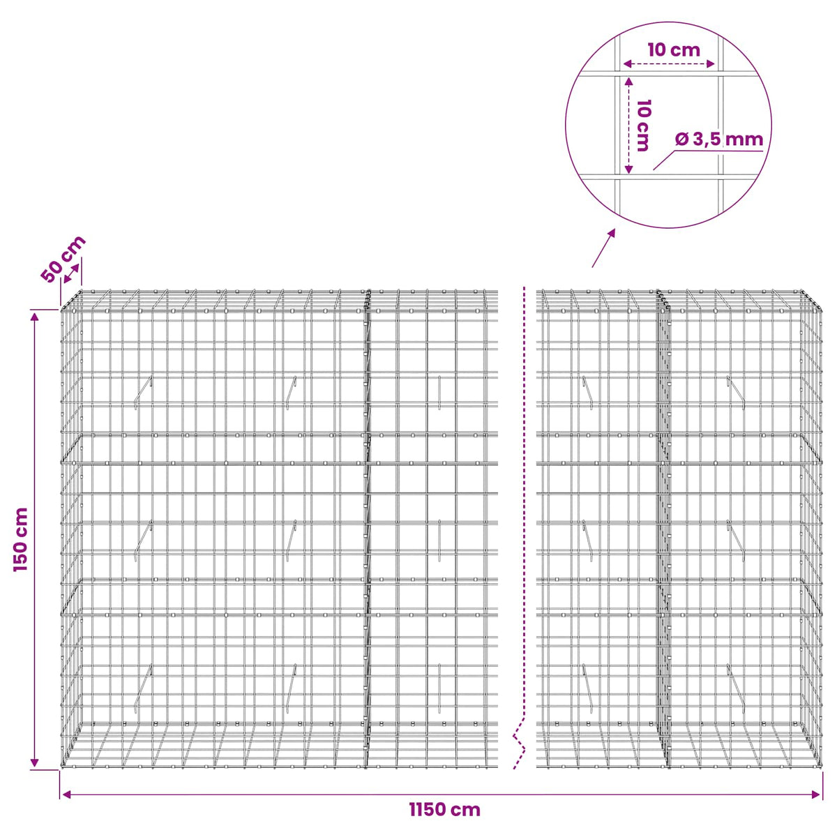 vidaXL Gabion z drutu 3,5 mm i siatką 10x10 cm 1150x50x150 cm