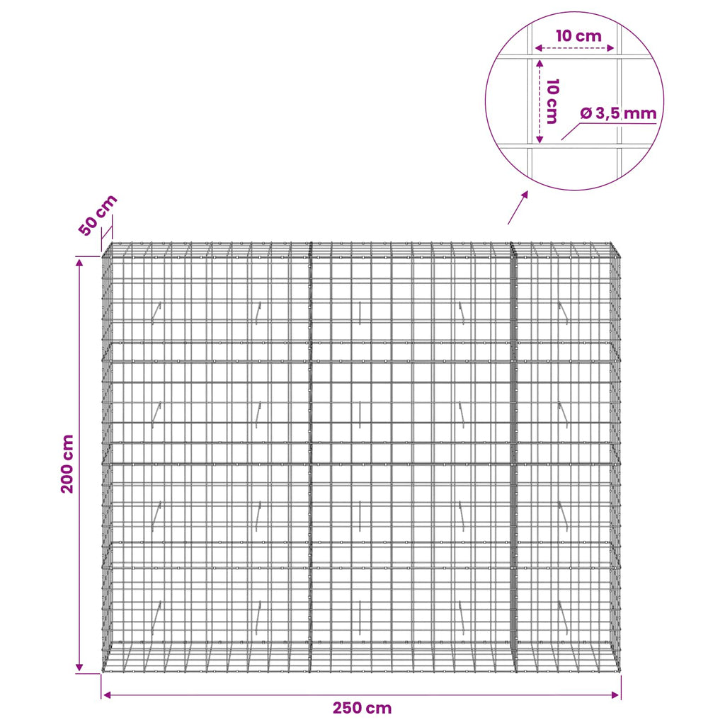 vidaXL Gabion z drutu 3,5 mm i siatką 10x10 cm 250x50x200 cm