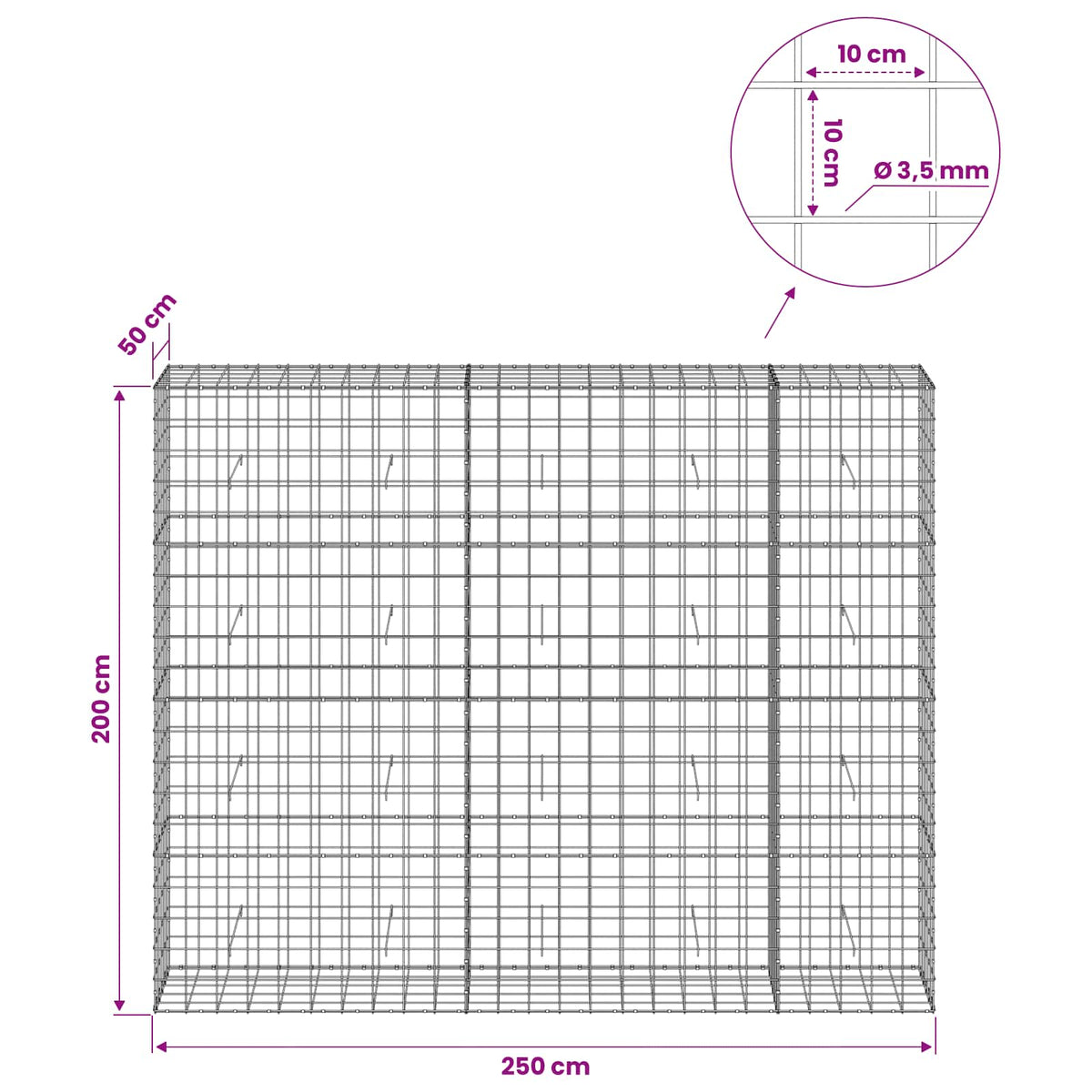 vidaXL Gabion z drutu 3,5 mm i siatką 10x10 cm 250x50x200 cm
