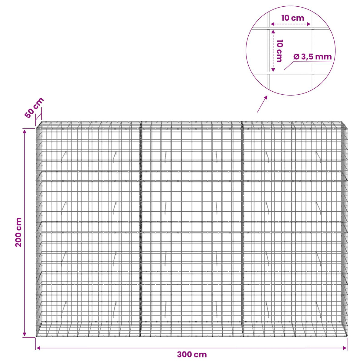 vidaXL Gabion z drutu 3,5 mm i siatką 10x10 cm 300x50x200 cm