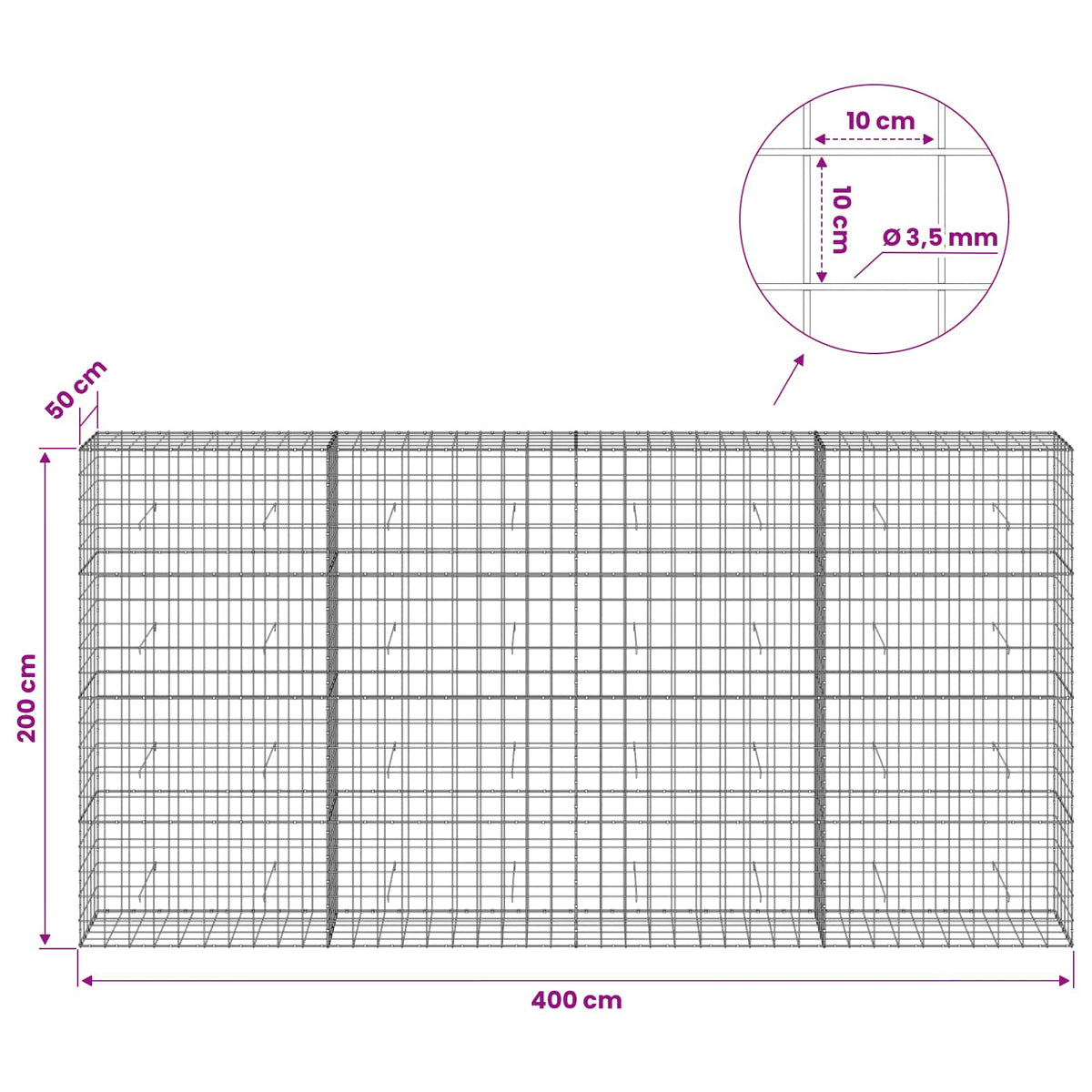 vidaXL Gabion z drutu 3,5 mm i siatką 10x10 cm 400x50x200 cm
