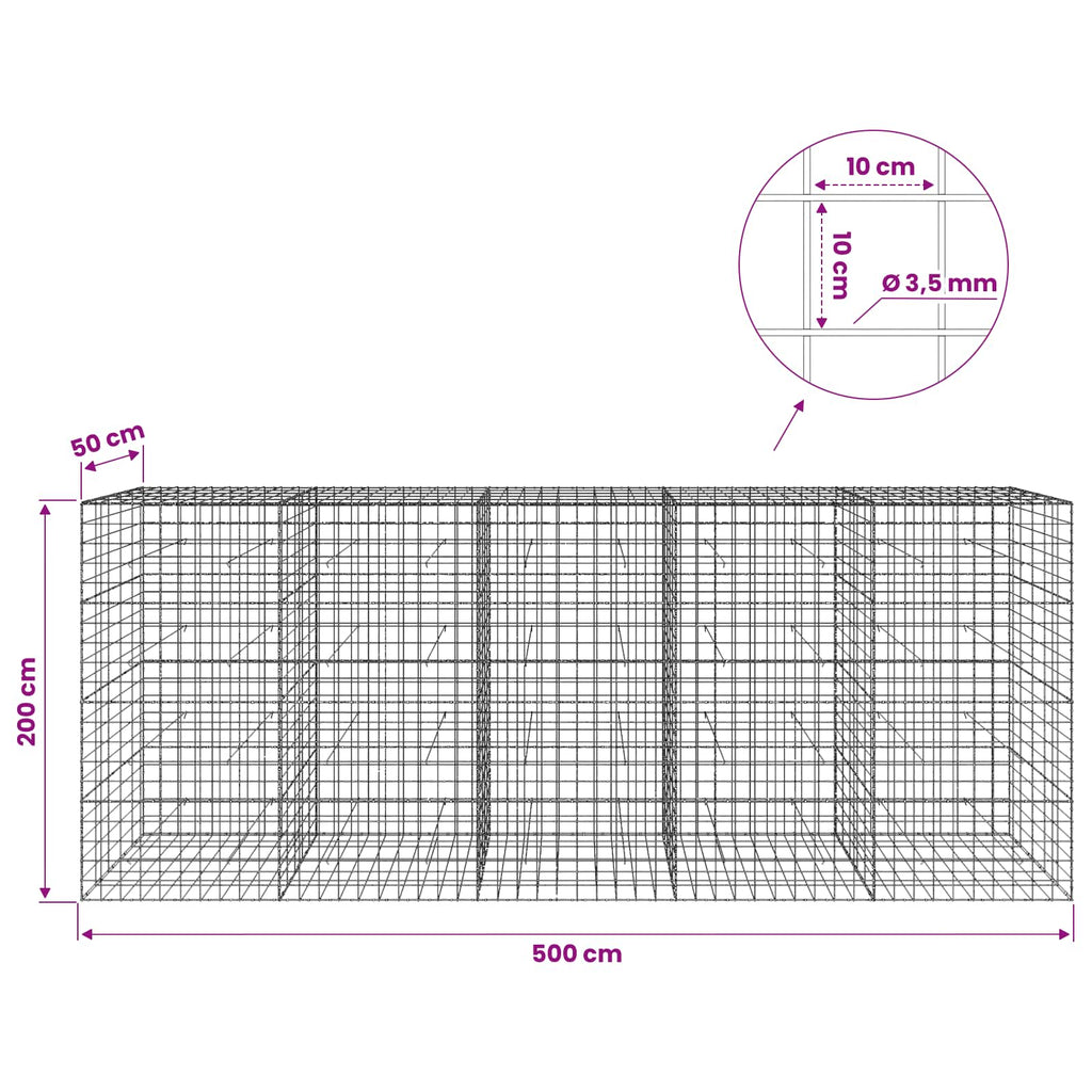 vidaXL Gabion z drutu 3,5 mm i siatką 10x10 cm 500x50x200 cm