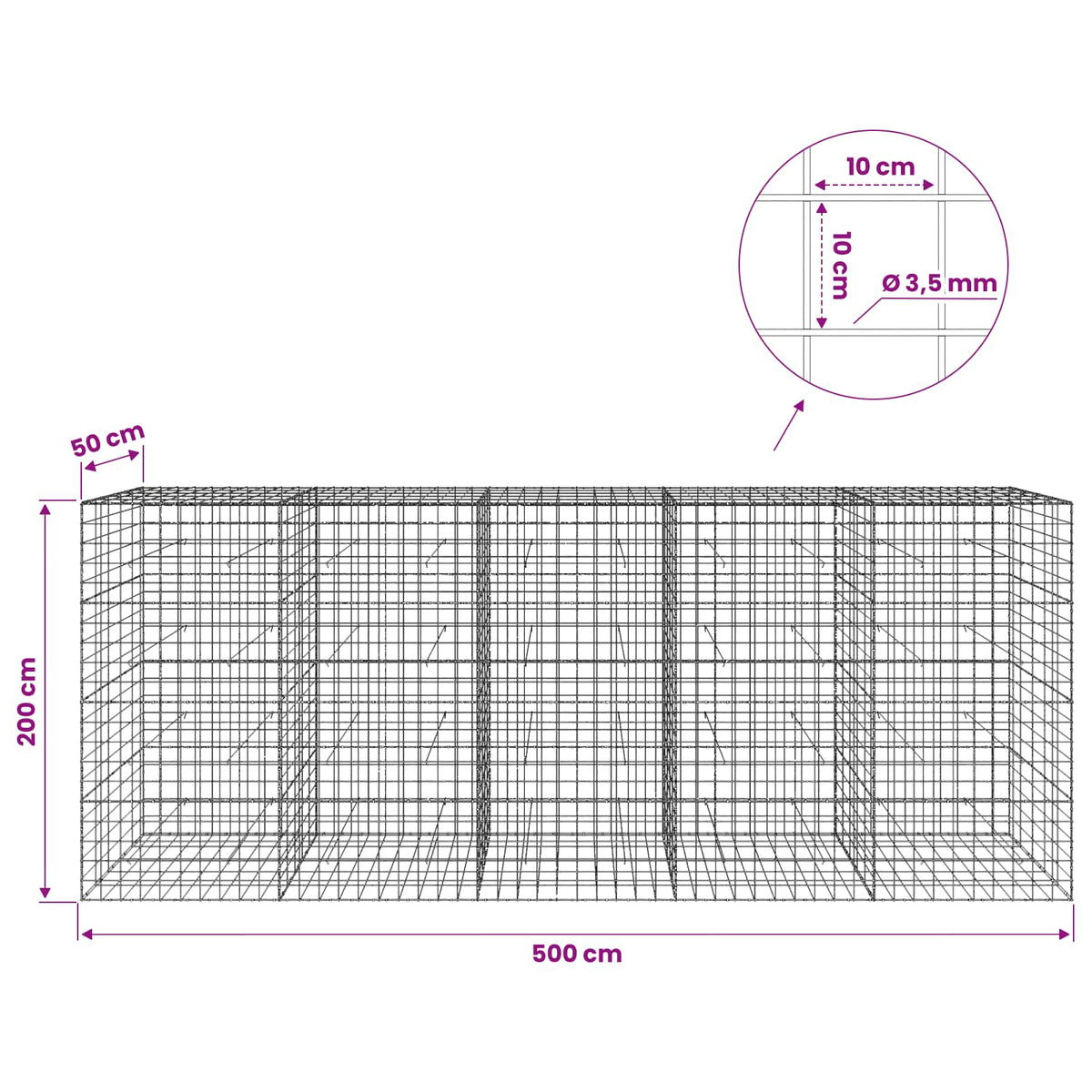 vidaXL Gabion z drutu 3,5 mm i siatką 10x10 cm 500x50x200 cm