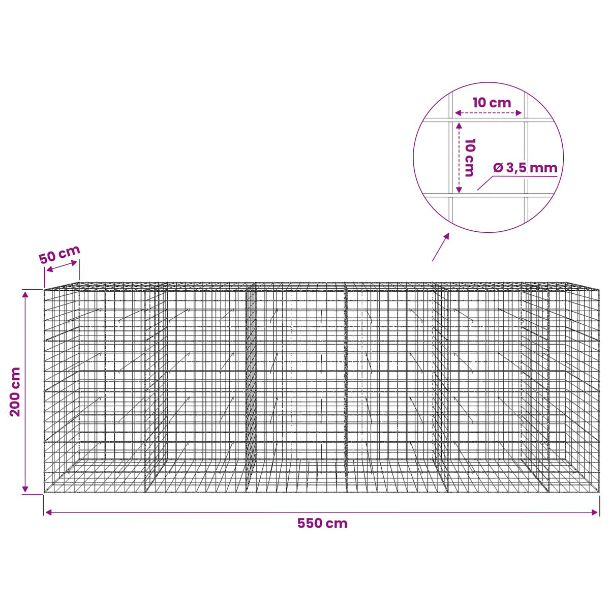 vidaXL Gabion z drutu 3,5 mm i siatką 10x10 cm 550x50x200 cm