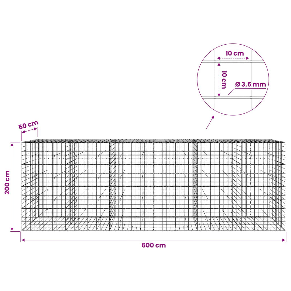 vidaXL Gabion z drutu 3,5 mm i siatką 10x10 cm 600x50x200 cm