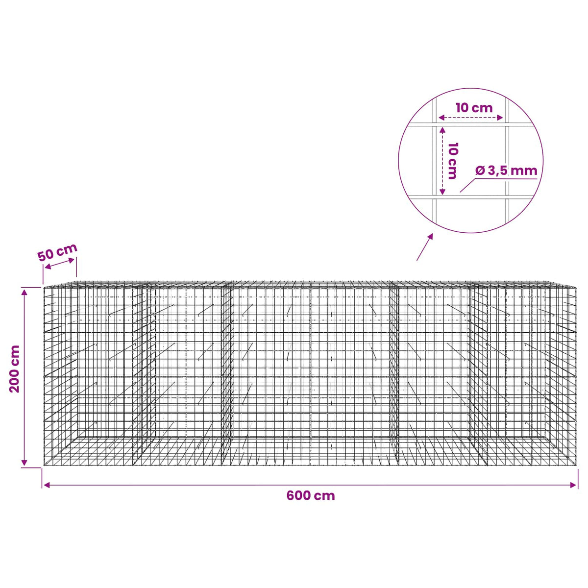 vidaXL Gabion z drutu 3,5 mm i siatką 10x10 cm 600x50x200 cm