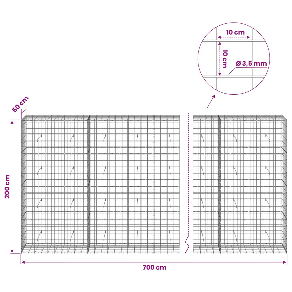 vidaXL Gabion z drutu 3,5 mm i siatką 10x10 cm 700x50x200 cm