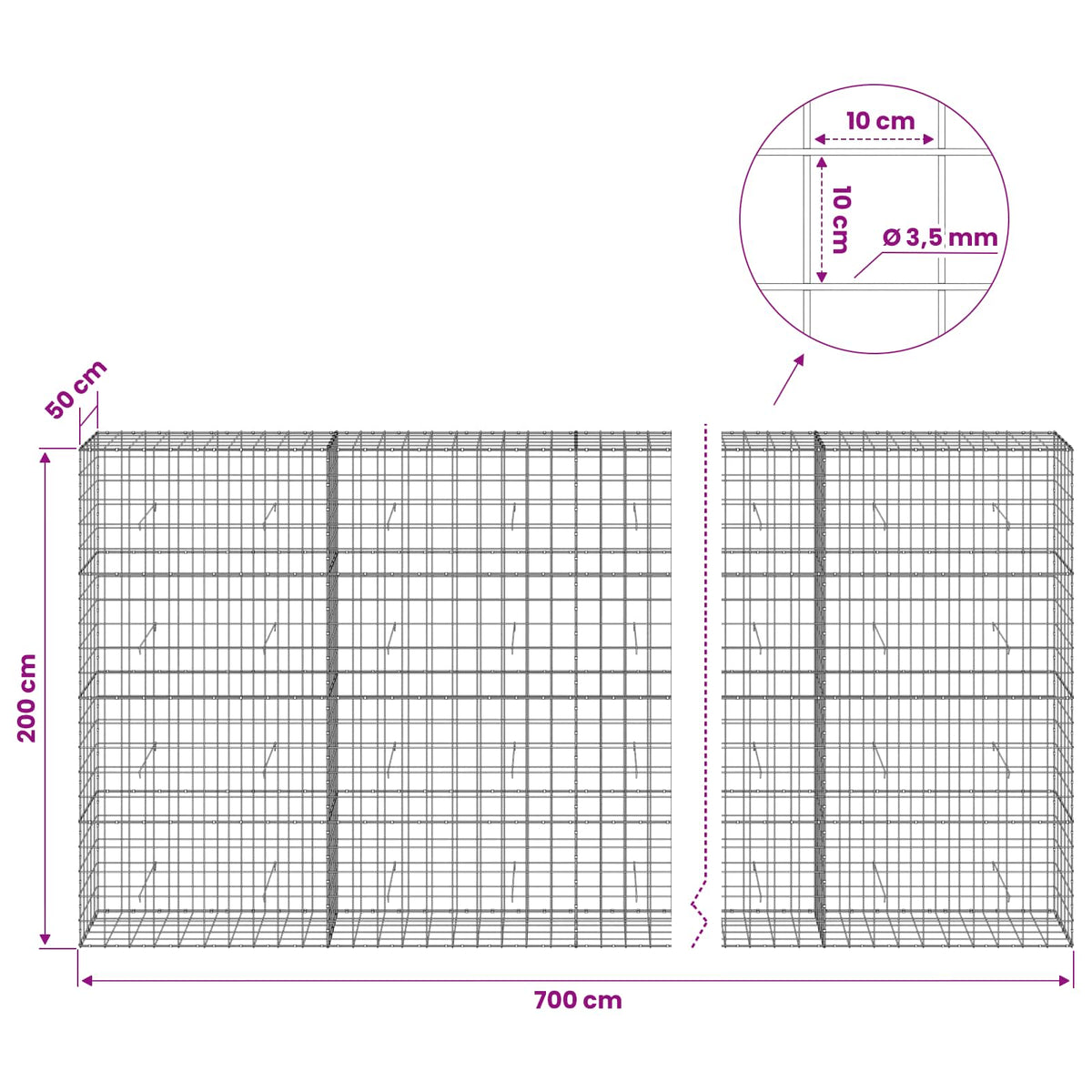 vidaXL Gabion z drutu 3,5 mm i siatką 10x10 cm 700x50x200 cm