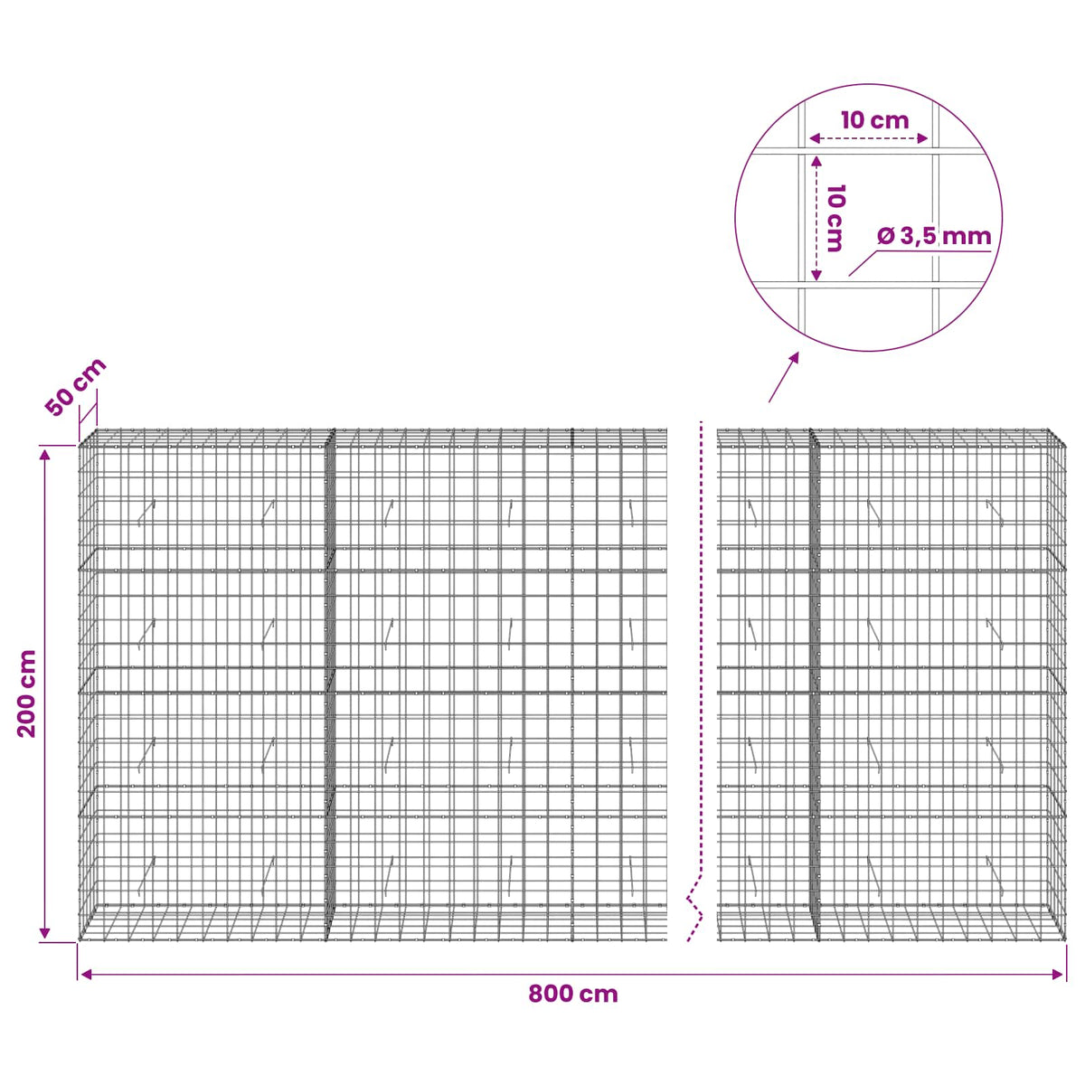 vidaXL Gabion z drutu 3,5 mm i siatką 10x10 cm 800x50x200 cm
