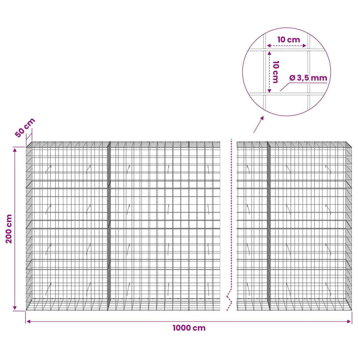 vidaXL Gabion z drutu 3,5 mm i siatką 10x10 cm 1000x50x200 cm