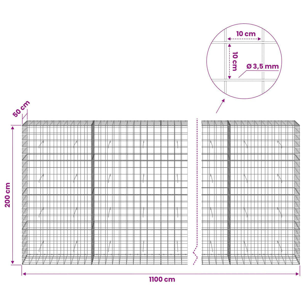 vidaXL Gabion z drutu 3,5 mm i siatką 10x10 cm 1100x50x200 cm