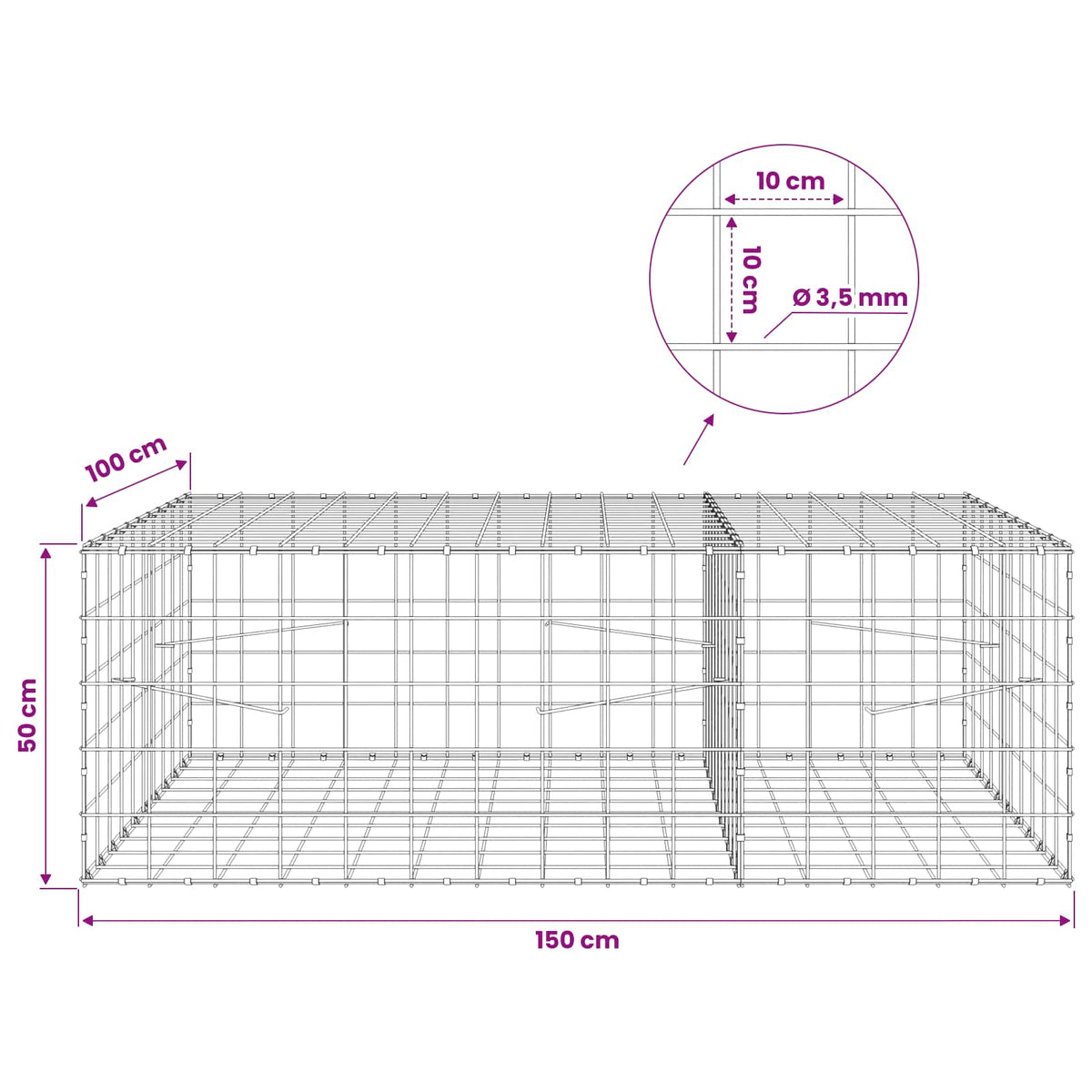 vidaXL Gabion z drutu 3,5 mm i siatką 10x10 cm 150x100x50 cm