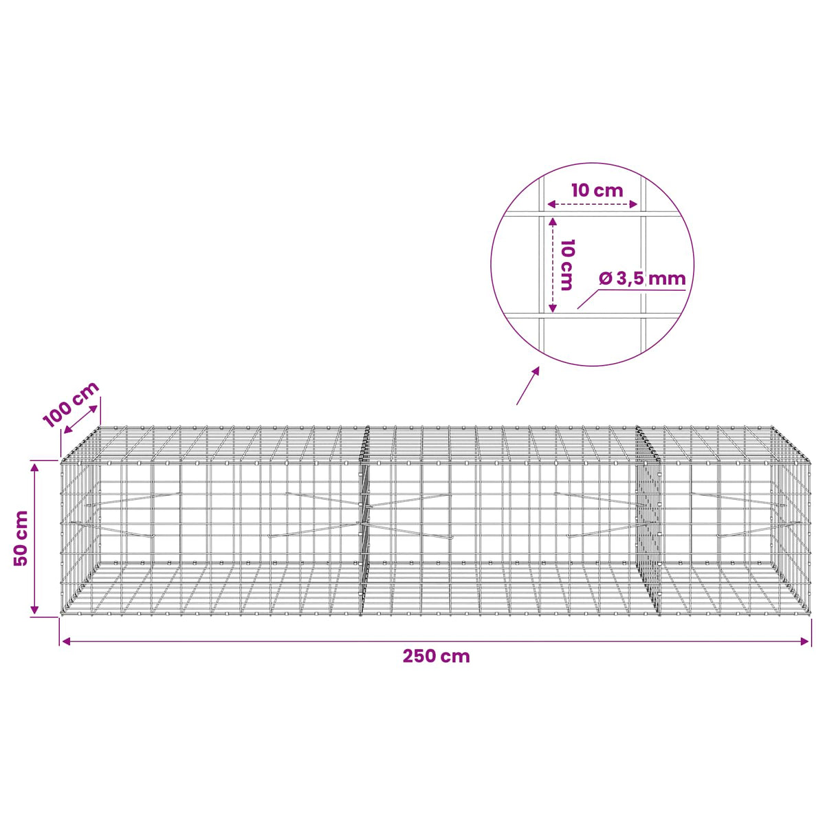 vidaXL Gabion z drutu 3,5 mm i siatką 10x10 cm 250x100x50 cm