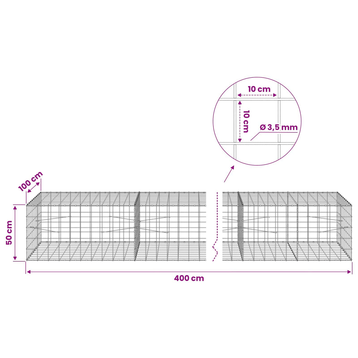 vidaXL Gabion z drutu 3,5 mm i siatką 10x10 cm 400x100x50 cm