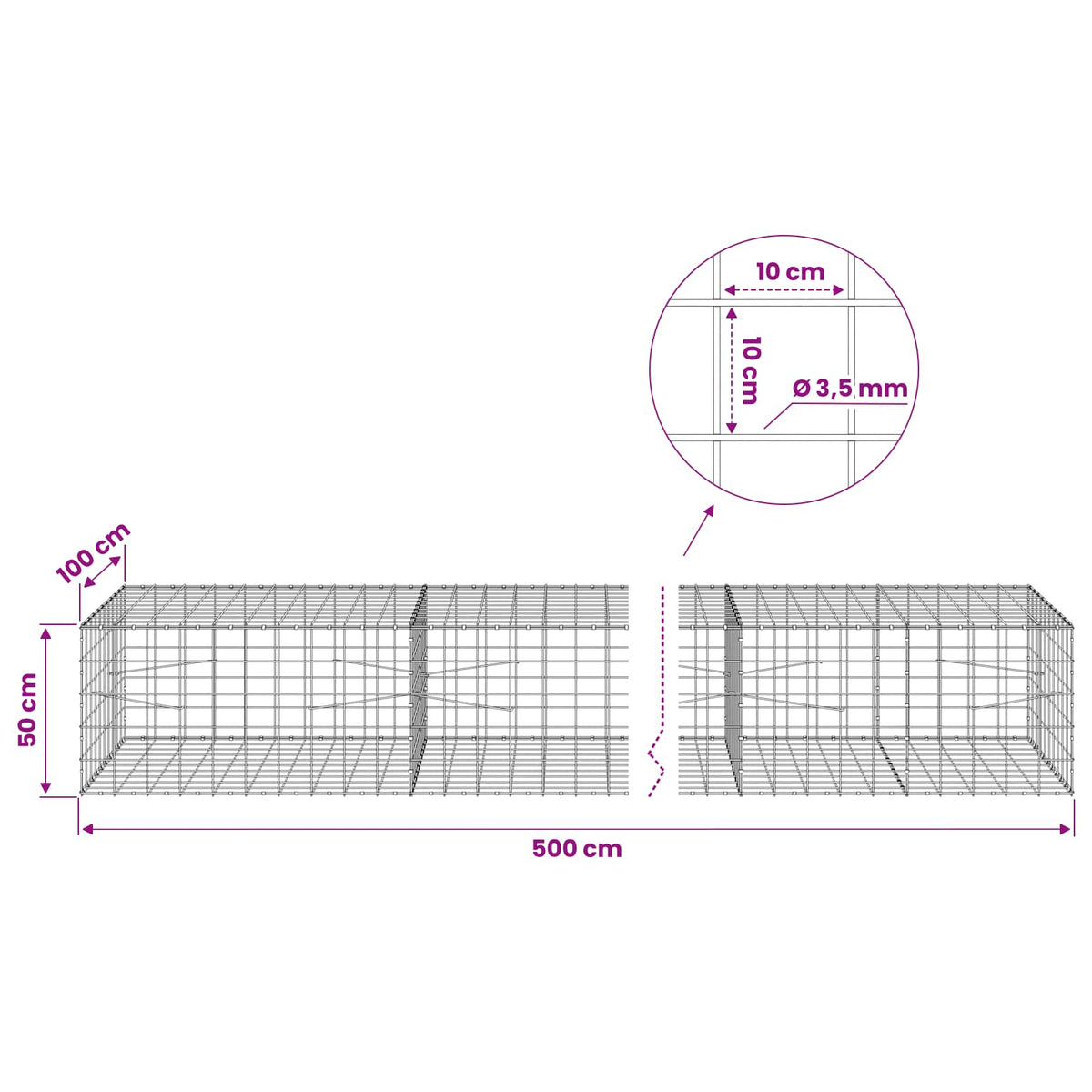 vidaXL Gabion z drutu 3,5 mm i siatką 10x10 cm 500x100x50 cm