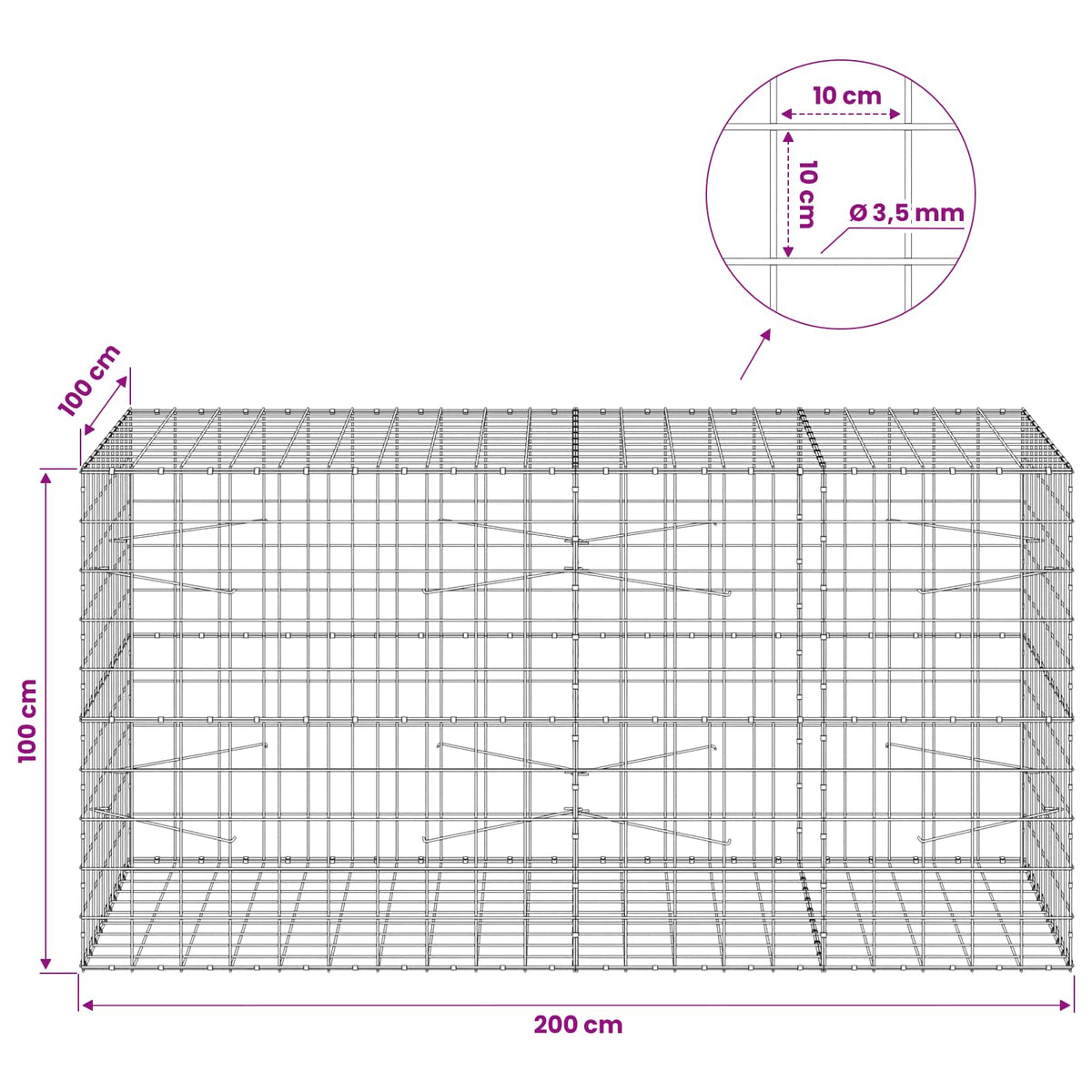 vidaXL Gabion z drutu 3,5 mm i siatką 10x10 cm 200x100x100 cm