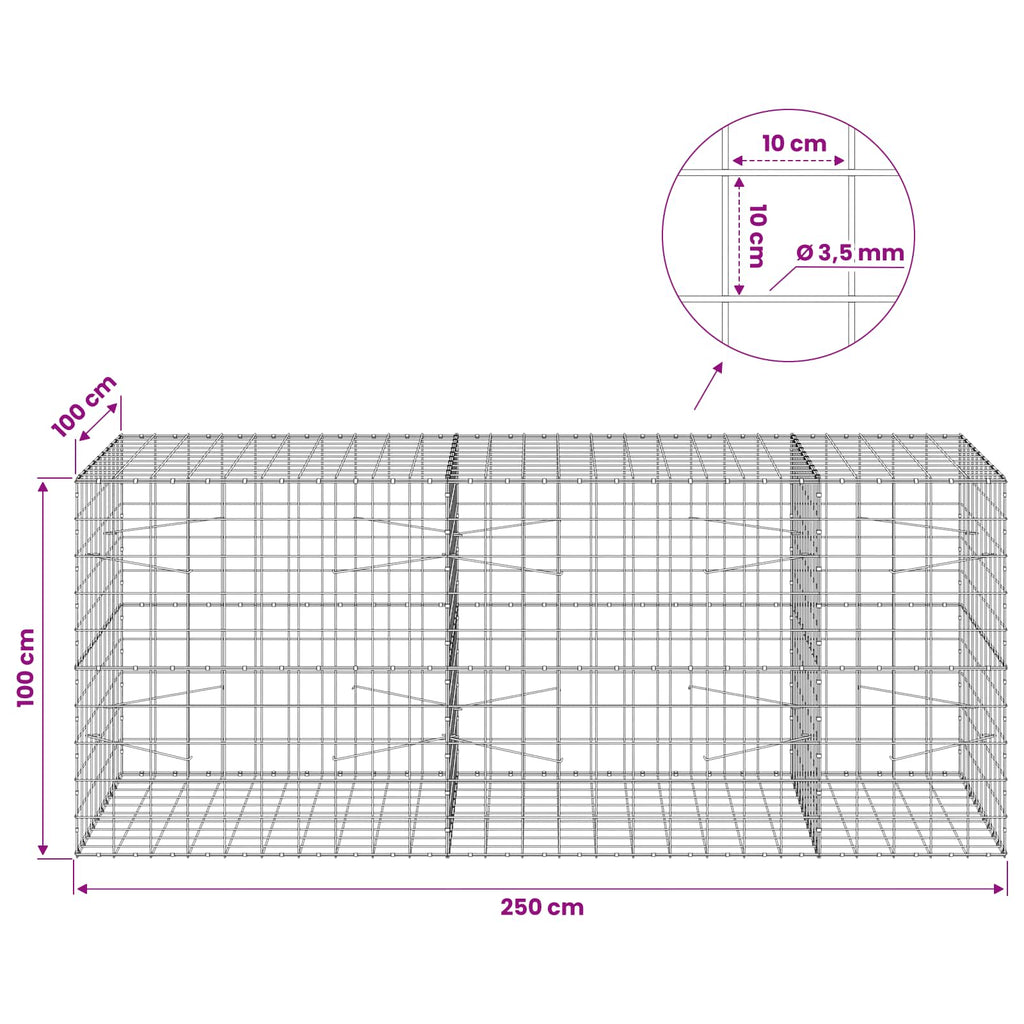 vidaXL Gabion z drutu 3,5 mm i siatką 10x10 cm 250x100x100 cm