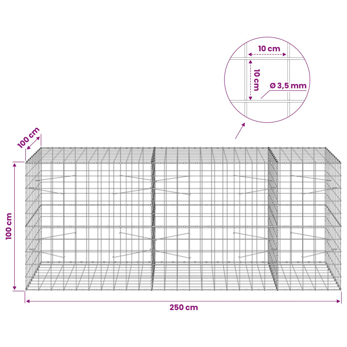 vidaXL Gabion z drutu 3,5 mm i siatką 10x10 cm 250x100x100 cm