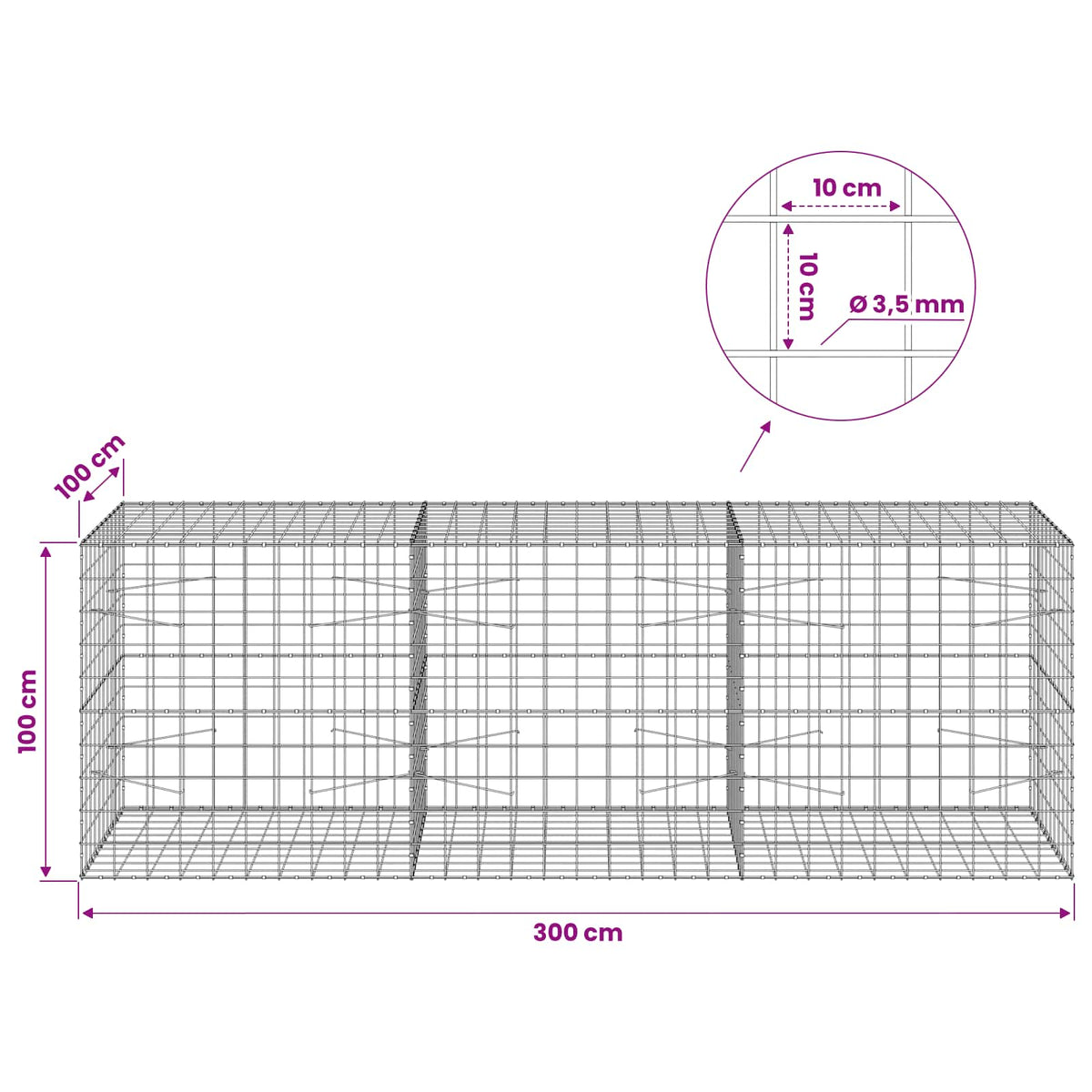 vidaXL Gabion z drutu 3,5 mm i siatką 10x10 cm 300x100x100 cm