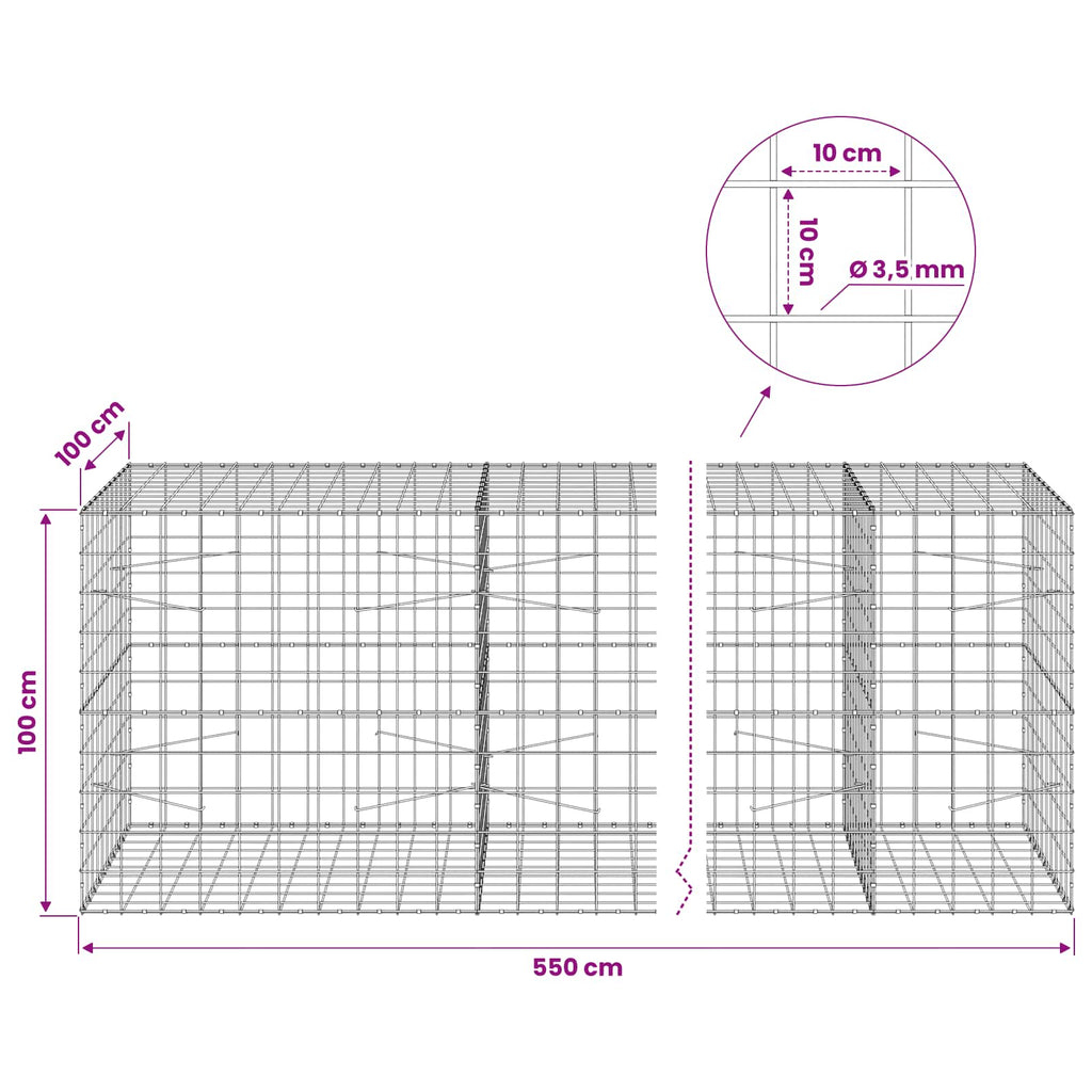 vidaXL Gabion z drutu 3,5 mm i siatką 10x10 cm 550x100x100 cm